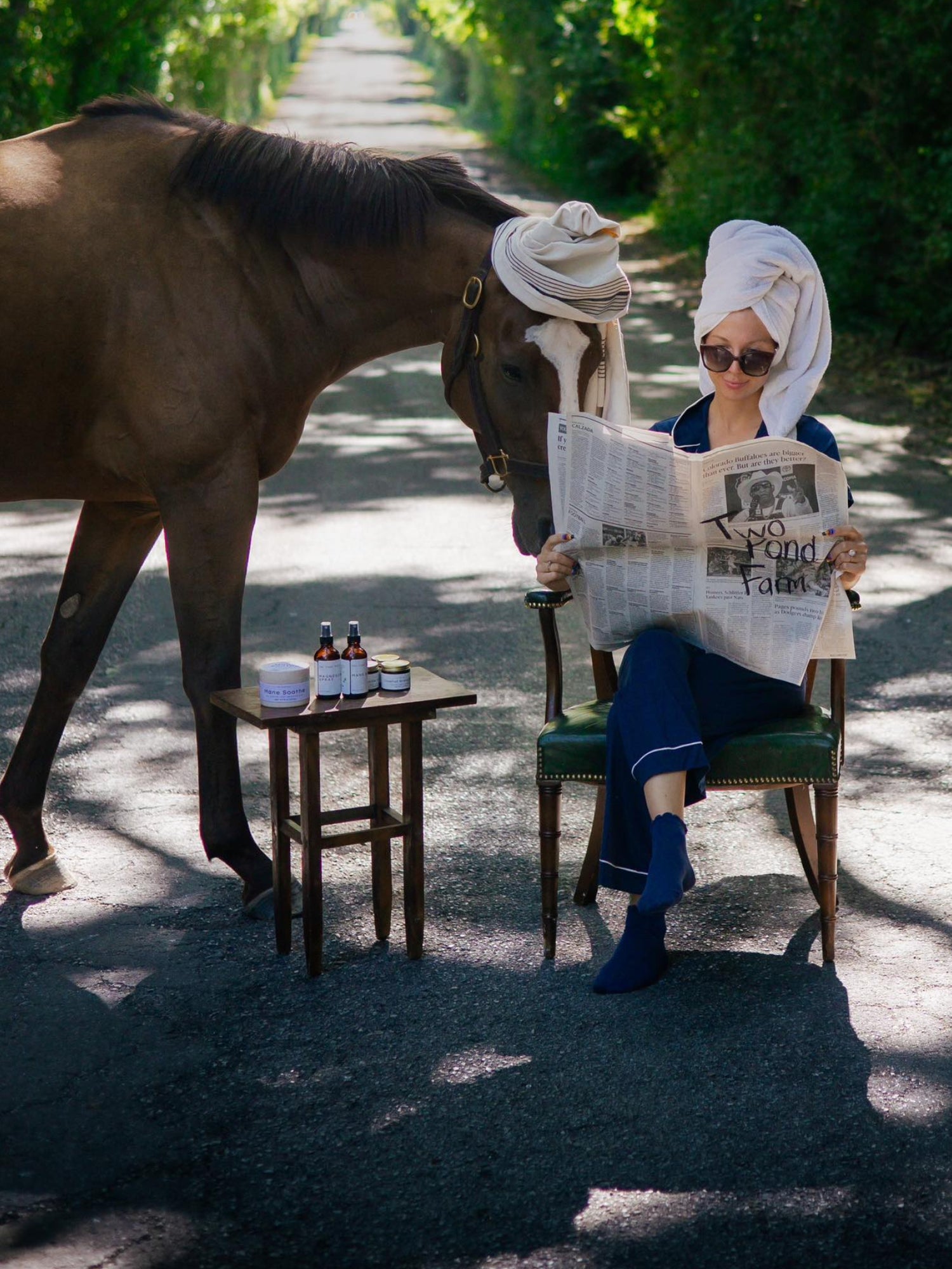 Girl in blue pajamas reading newspaper in reen chair. Horse reading along. Table with products in between horse and girl. Greenery inbackground